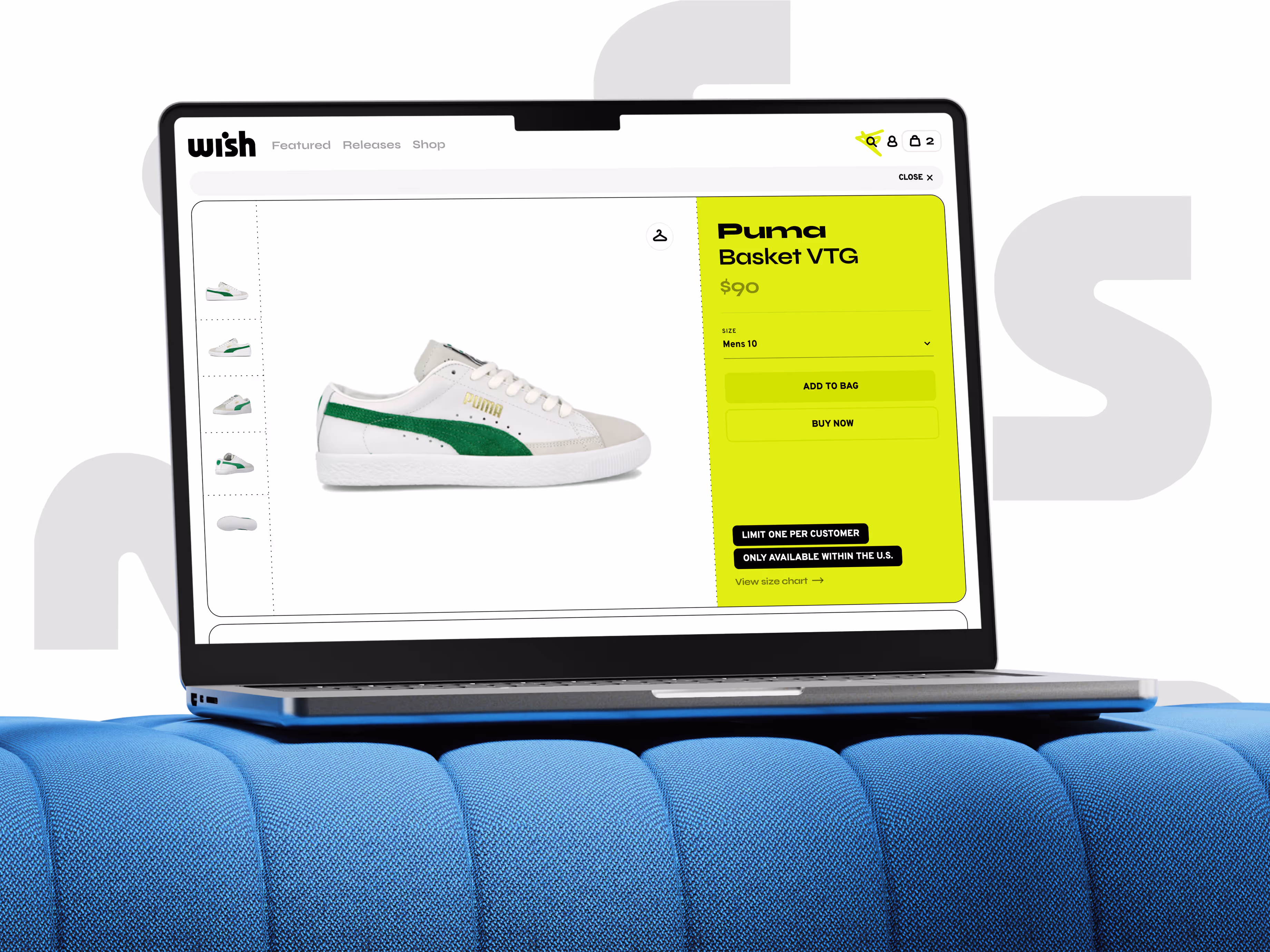 Laptop screen displaying the Wish ATL online store product page for the Puma Basket VTG sneaker in white and green. The interface highlights product images, pricing, size selection, and purchase options with prominent “Add to Bag” and “Buy Now” buttons. A limited availability notice and U.S.-only shipping details are shown, showcasing a modern e-commerce platform for premium streetwear and sneakers.