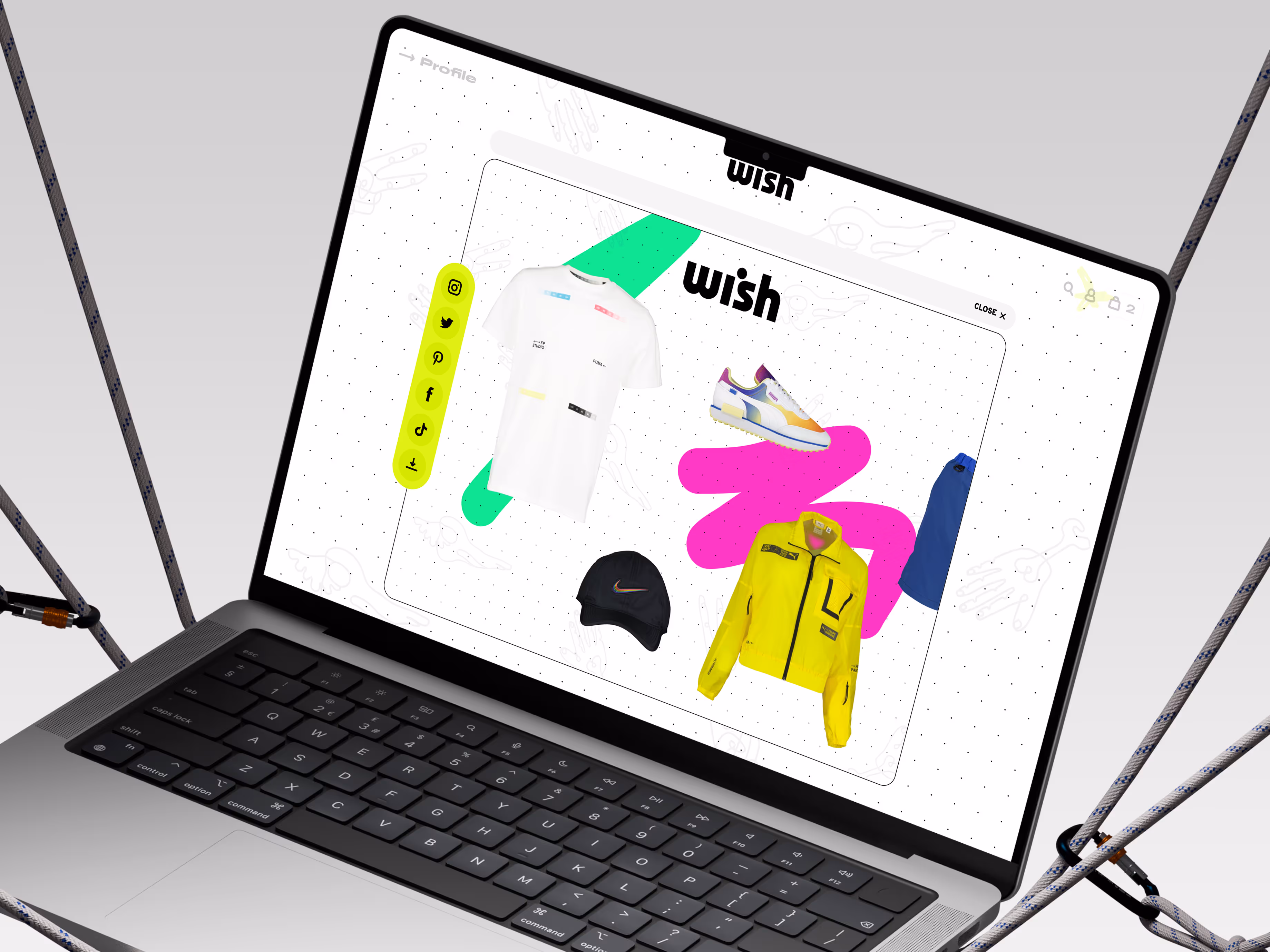 Laptop displaying Wish ATL’s digital closet interface with curated streetwear items including a Nike cap, Puma sneakers, a graphic tee, and a neon yellow jacket. The UI features bright social media sharing icons for Instagram, Twitter, Pinterest, Facebook, and TikTok, highlighting Wish ATL’s interactive e-commerce experience designed for urban fashion lovers and social engagement.
