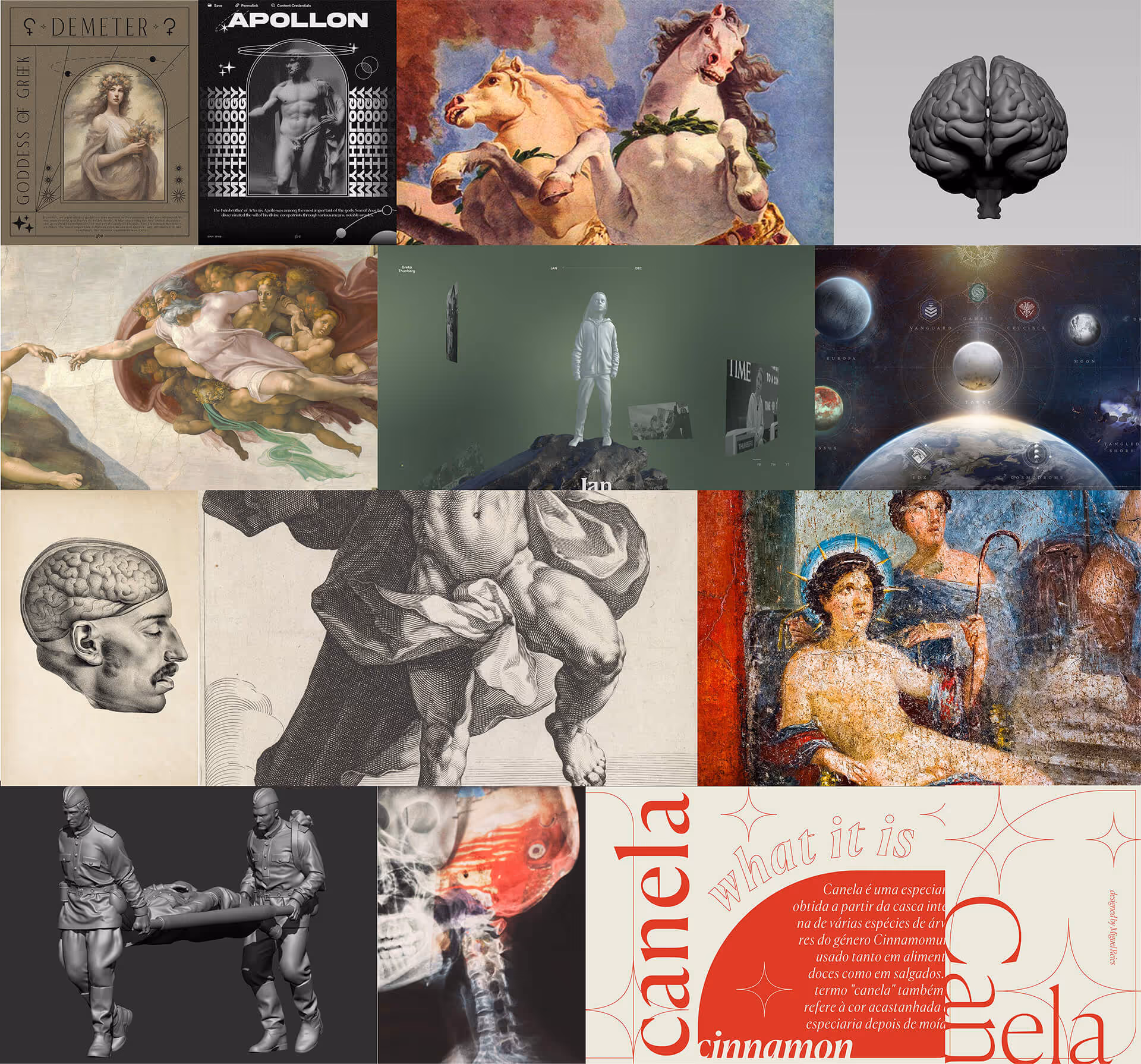 Helius Medical moodboard collage featuring a mix of classical mythology, neuroscience, 3D modeling, Renaissance art, anatomical sketches, surreal digital environments, and modern typography. Highlights include Greek gods like Demeter and Apollon, Michelangelo’s “Creation of Adam,” a 3D brain render, space-themed metaphors for healing, Roman frescoes, medical illustrations of the brain and spine, and experimental typography using the Canela font.