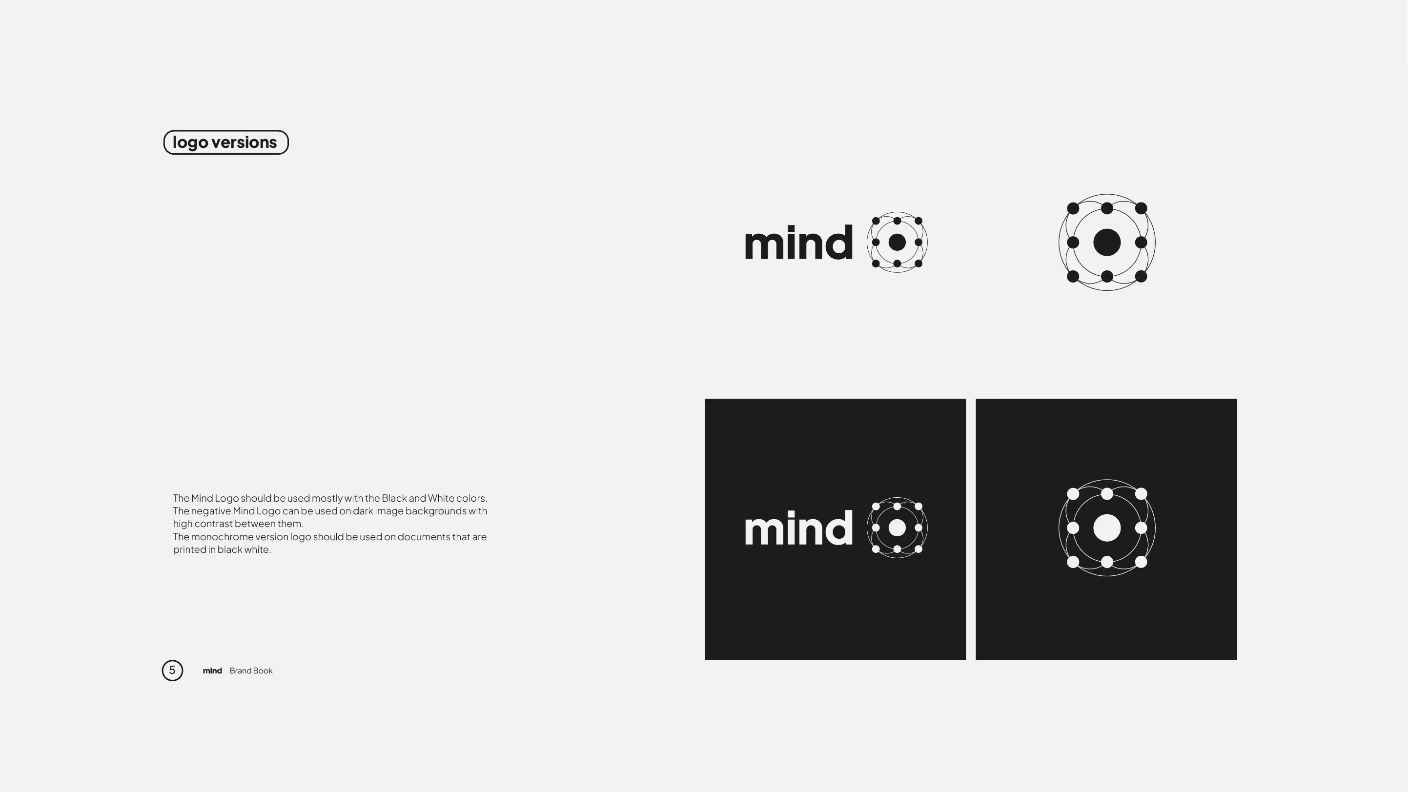 Logo versions page from the Mind Brand Book showing approved black-and-white applications of the Mind logo. Examples include positive (black logo on white background), negative (white logo on black background), and standalone orbital icon. Guidelines emphasize using high-contrast versions for clarity across digital and print, ensuring brand consistency in monochrome formats.