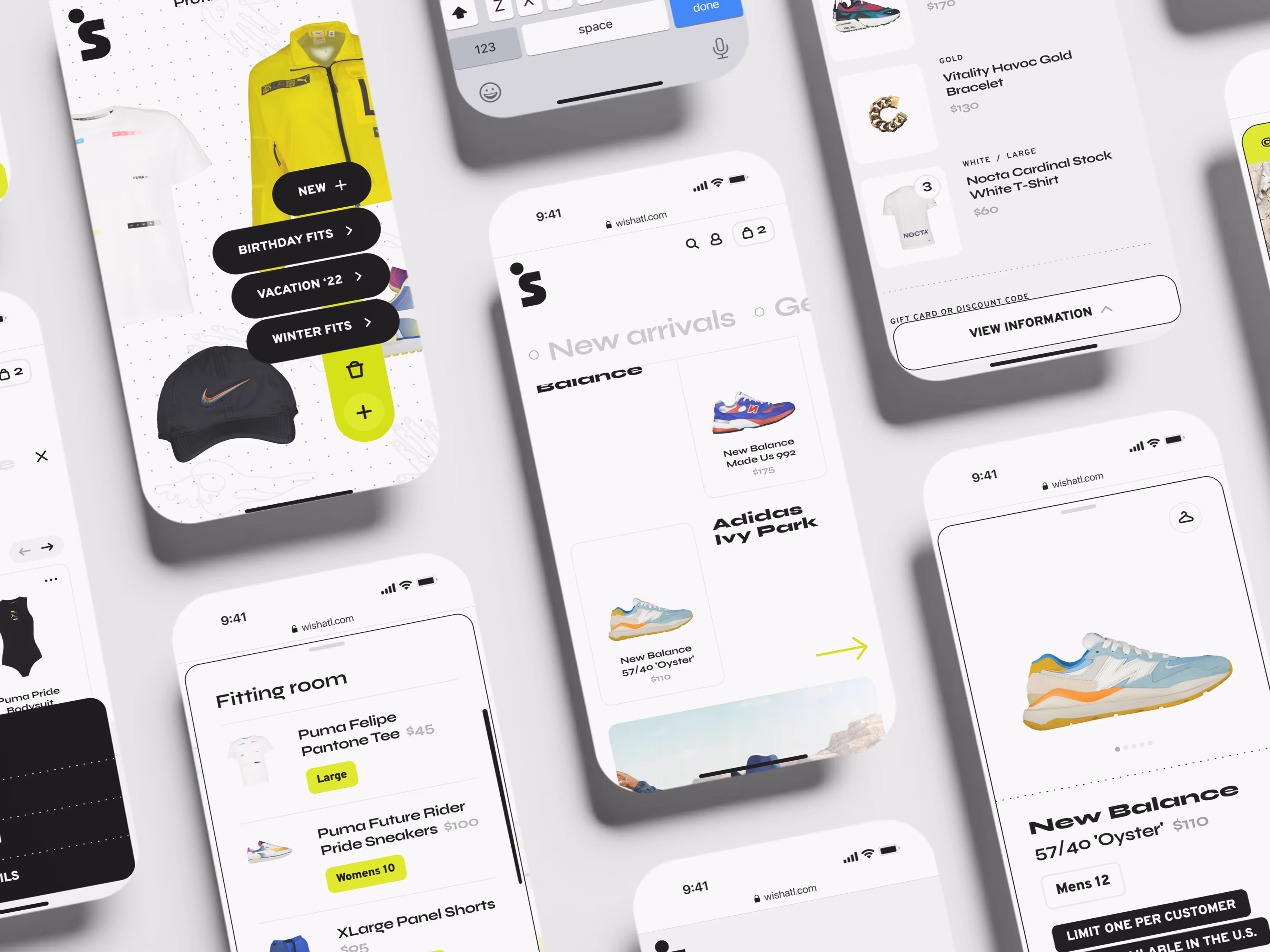 Wish ATL mobile e-commerce app mockup showcasing multiple screens for sneaker and streetwear shopping. Interfaces include personalized closet with saved outfits, product fitting room with Puma tees and sneakers, checkout with Vitality Havoc Gold Bracelet and Nocta T-shirt, and New Arrivals featuring Adidas Ivy Park and New Balance 57/40 'Oyster'. Clean, modern UI highlights personalized styling, product discovery, and streamlined checkout for sneaker and lifestyle fashion shopping on mobile.