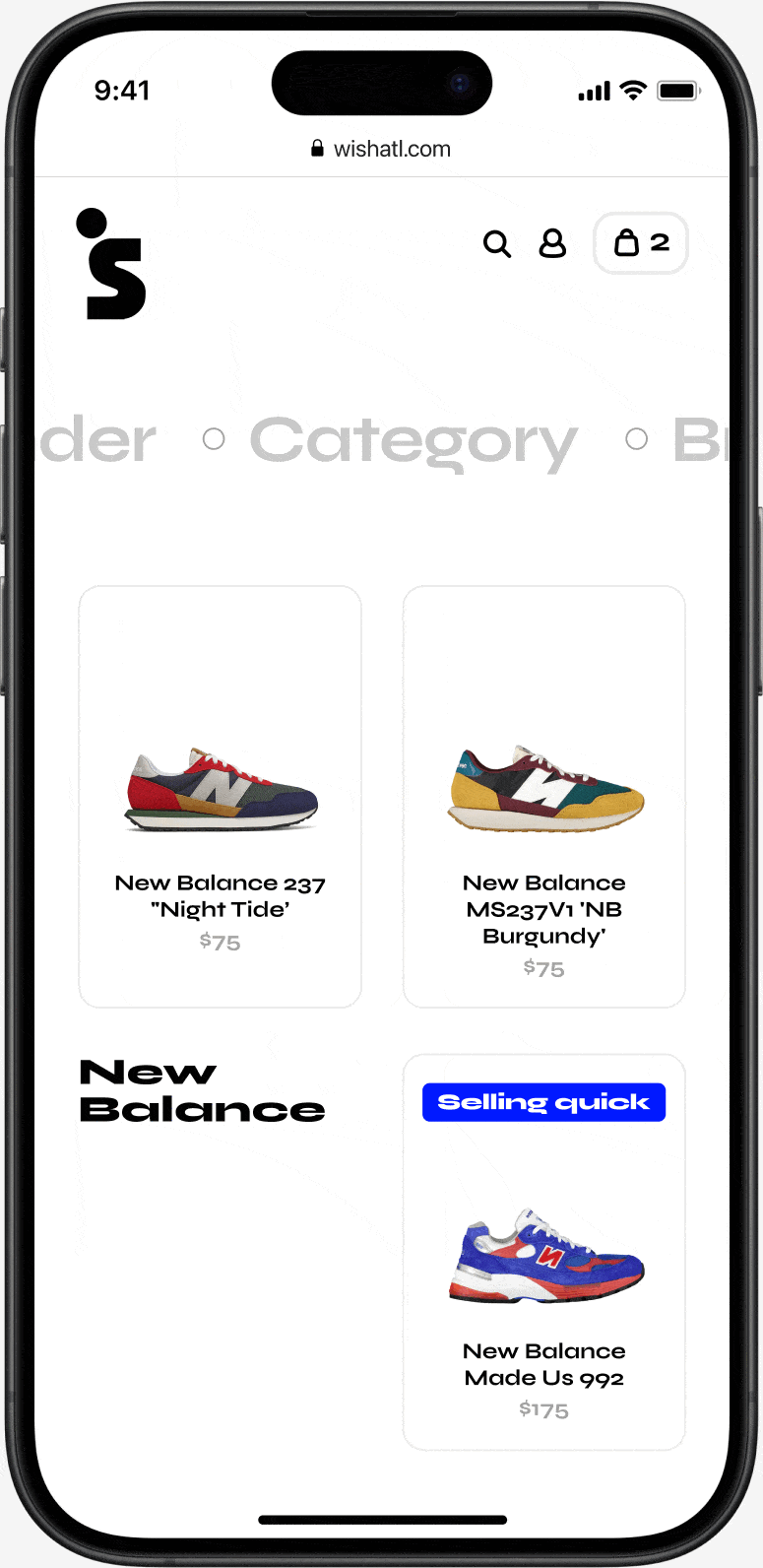 Animated Wish ATL mobile app sequence displaying New Balance sneakers in the New Arrivals section. Featured products include New Balance 237 'Night Tide' ($75), New Balance MS237V1 'NB Burgundy' ($75), and New Balance Made US 992 ($175) highlighted with a 'Selling Quick' badge. Clean mobile interface shows cart icon, search, and user profile for streamlined sneaker shopping on wishatl.com.