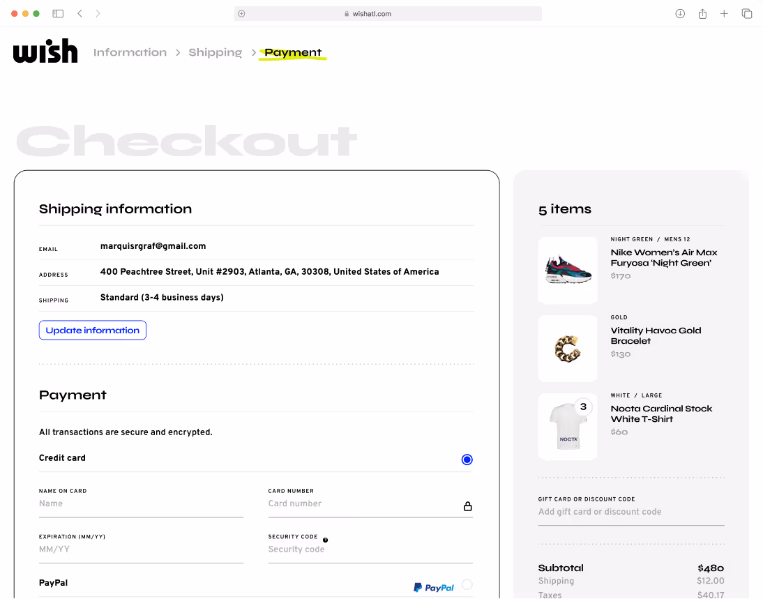 WishATL checkout screen showing shipping details and secure credit card payment form. Cart summary displays 5 items, including Nike Furyosa sneakers, gold bracelet, and Nocta t-shirt. Transparent shopping interface with total price of $480.