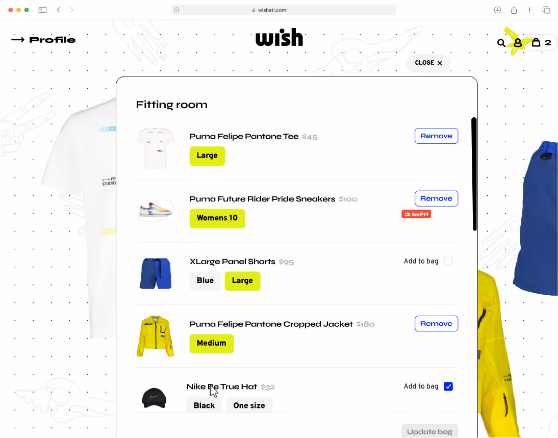 WishATL online fitting room interface displaying a user's clothing selection including Puma Felipe Pantone Tee, Puma Future Rider Pride Sneakers, and Nike Be True Hat. Ecommerce UI with item sizes, prices, and add-to-bag options highlighted on a desktop view.