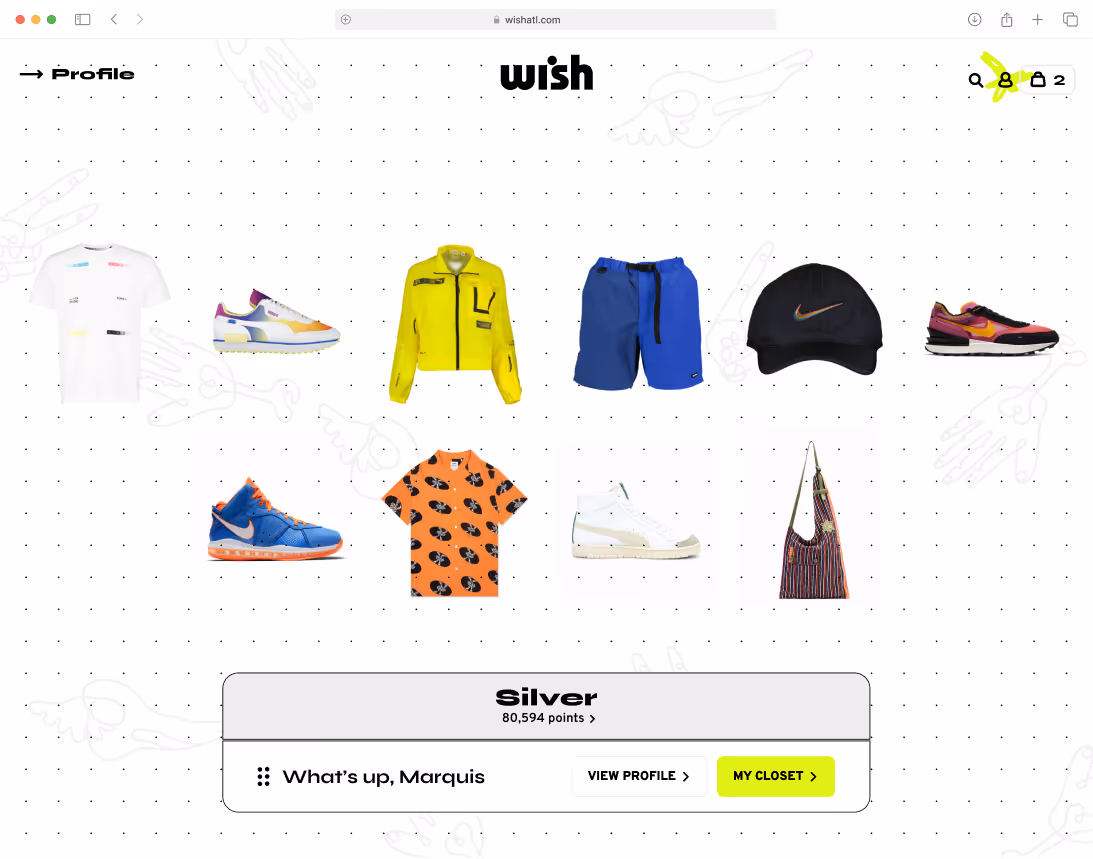User profile dashboard on Wish ATL e-commerce platform showcasing personalized wardrobe collection. Display includes curated streetwear and sneakers from brands like Nike, Puma, and FP Studio. Interface highlights loyalty tier as 'Silver' with 80,594 points and options to view profile or access digital closet. Grid layout with background hand illustrations enhances modern fashion-focused UI.
