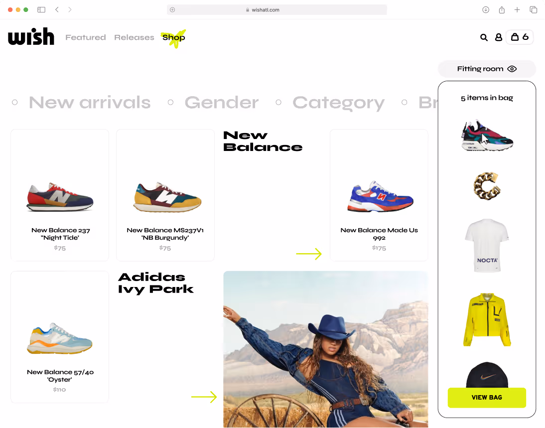Wish ATL New Arrivals page featuring New Balance sneakers and Adidas Ivy Park collection. Products displayed include New Balance 237 'Night Tide' ($75), New Balance MS237V1 'NB Burgundy' ($75), New Balance Made US 992 ($175), and New Balance 57/40 'Oyster' ($110). Right-hand cart preview shows 5 items in Marquis’s bag including Nike Air Max Furyosa 'Night Green' sneakers, Vitality Havoc Gold Bracelet, Nocta Cardinal Stock T-Shirt, neon yellow jacket, and Nike black cap. 'View Bag' button highlights easy access to checkout.