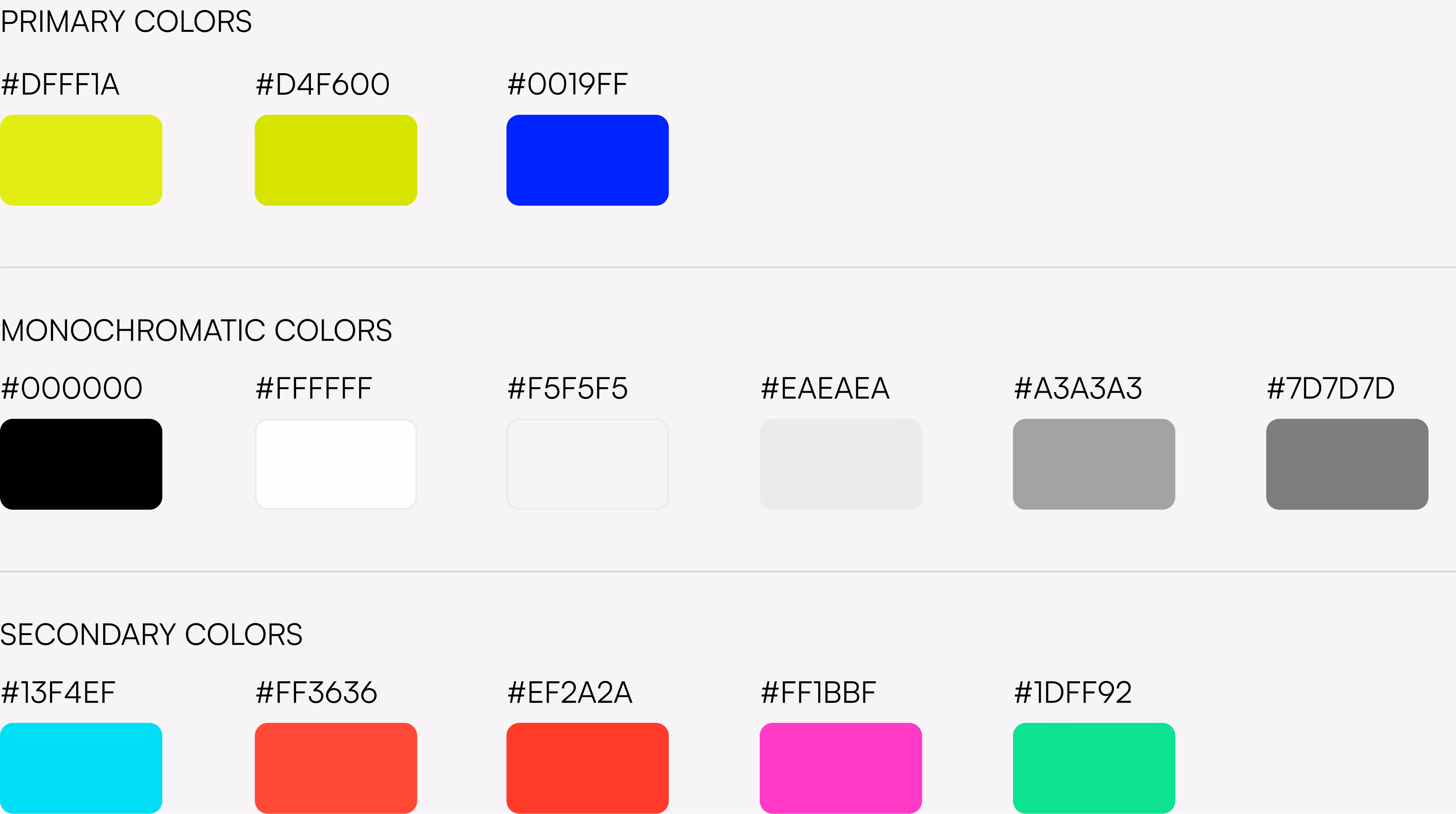 Wish ATL brand color system featuring primary colors neon yellow (#DFFF1A), lime green (#D4F600), and electric blue (#0019FF). Monochromatic palette includes black (#000000), white (#FFFFFF), light gray (#F5F5F5), medium gray (#EAEAEA), dark gray (#A3A3A3), and charcoal gray (#7D7D7D). Secondary colors highlight accents such as aqua blue (#13F4EF), bright red (#FF3636), coral red (#EF2A2A), neon pink (#FF1BBF), and mint green (#1DFF92). Vibrant palette designed for sneaker, streetwear, and lifestyle e-commerce branding.