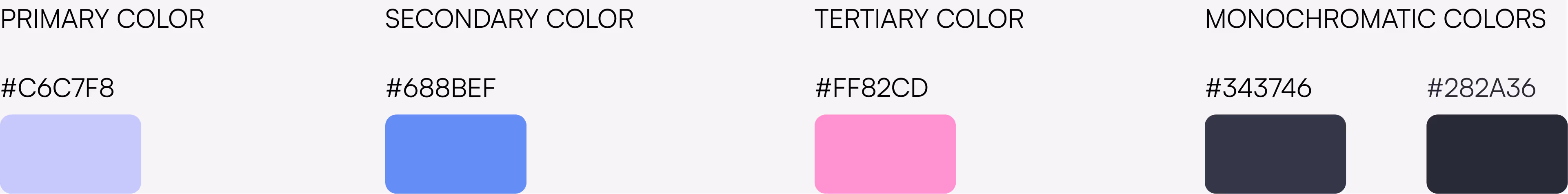 Mindtrade brand color palette featuring primary Lavender Blue (#C6C7F8), secondary Cornflower Blue (#688BEF), tertiary Princess Perfume pink (#FF82CD), and monochromatic dark tones Onyx (#343746) and Charcoal Black (#282A36). Professional crypto trading platform branding colors.