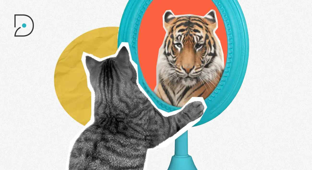 Visuel d'un chat regardant un miroir et voyant un tigre : représentation de l'effet Dunning-Kruger