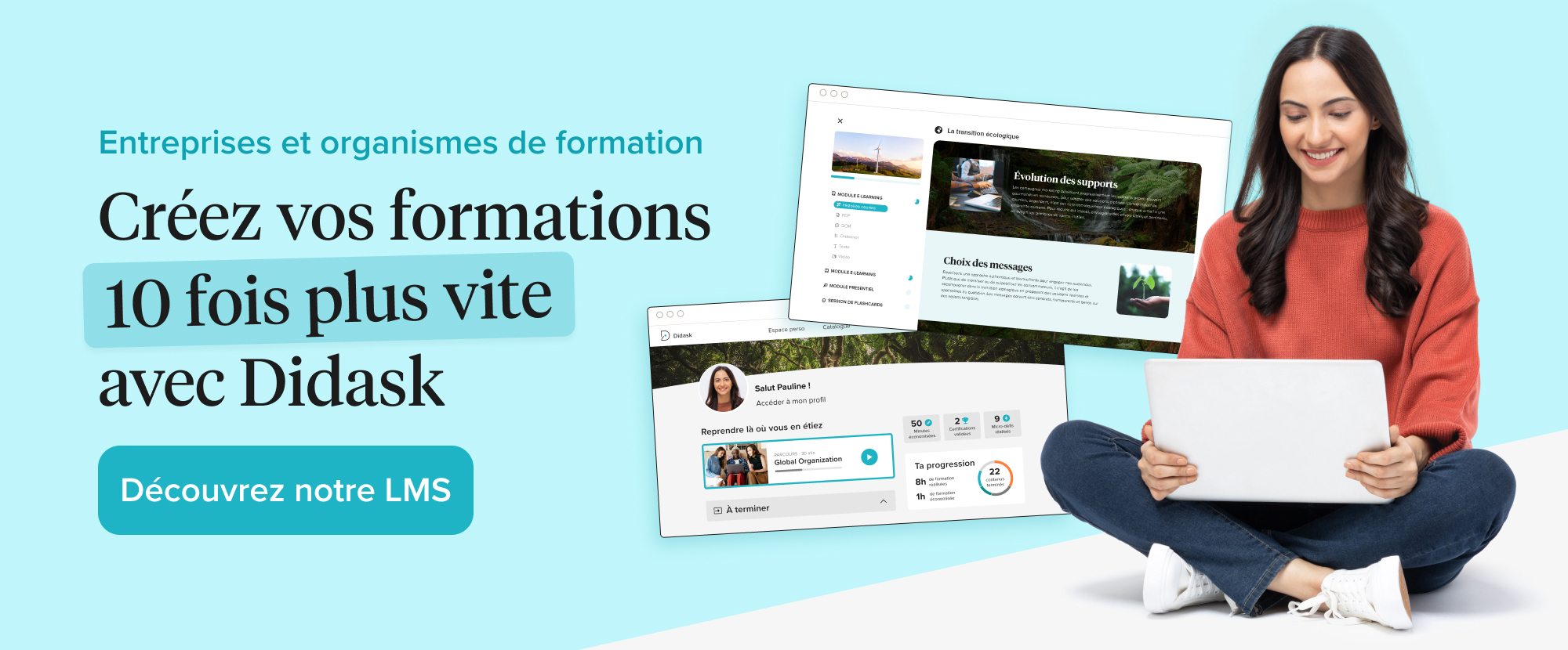 fille devant son ordinateur et des screenshot du LMS DIdask