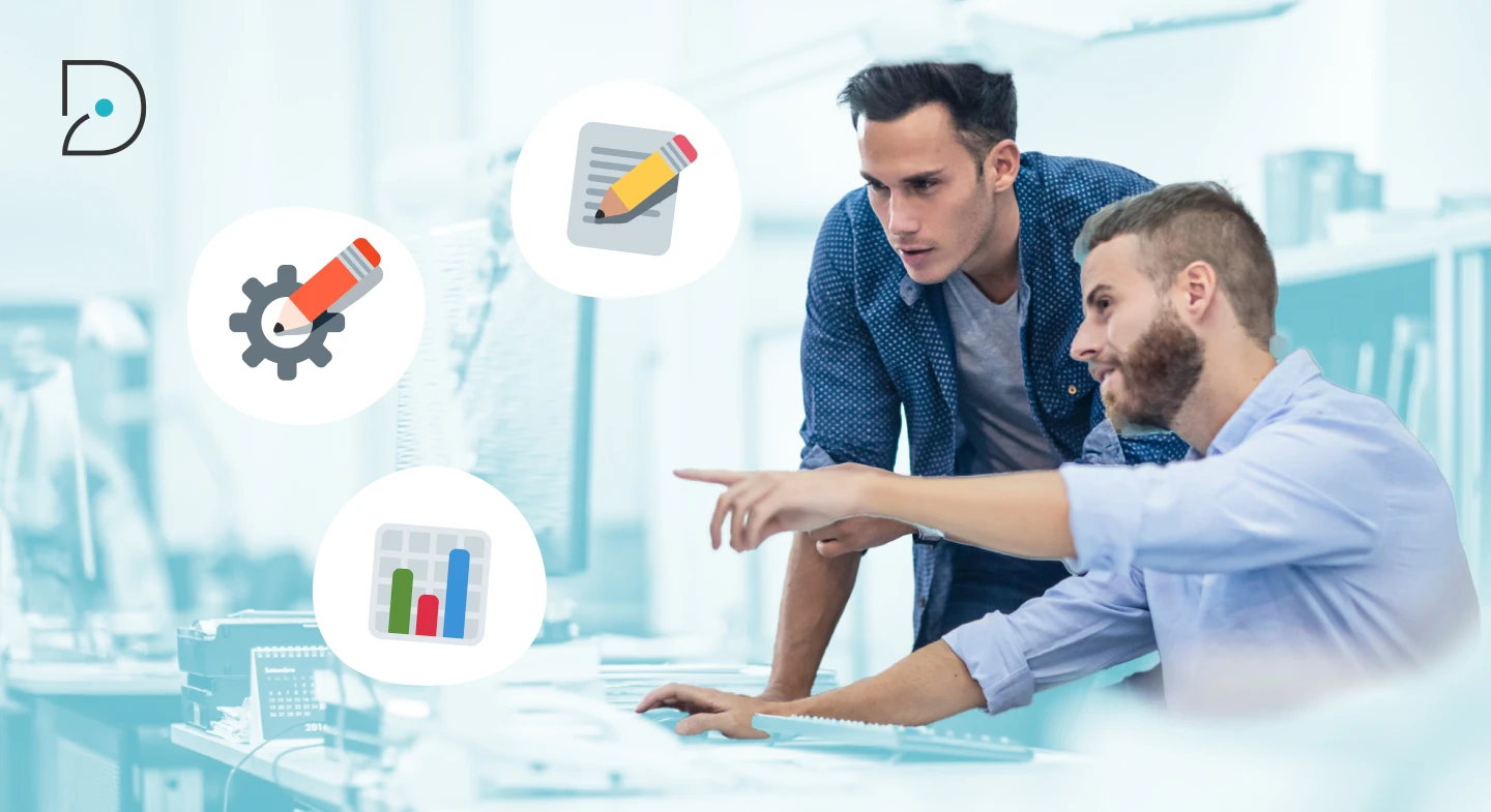 Visuel de 2 personnes devant un ordinateur cherchant à identifier les compétences techniques