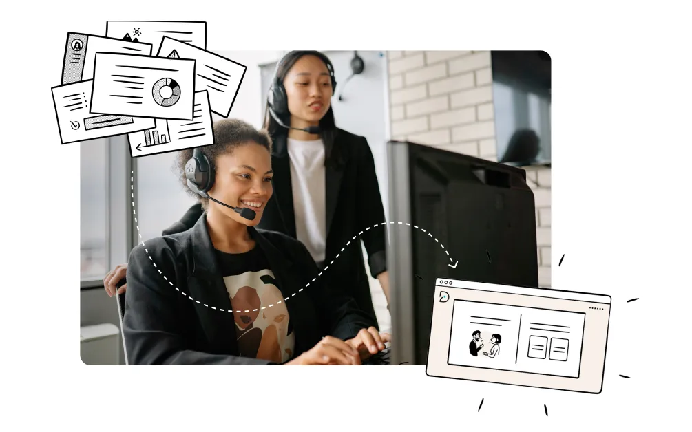 Deux femmes devant un ordinateur avec des casques téléphoniques qui selon les dessins transforment des informations en mises en situations sur la plateforme elearning didask