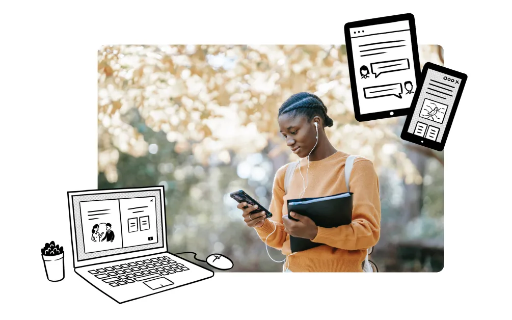 On voit une jeune femme sur son téléphone dans un parc avec des dessins autour d'ordinateur et de tablettes : les apprenants peuvent se former de partout en microlearning