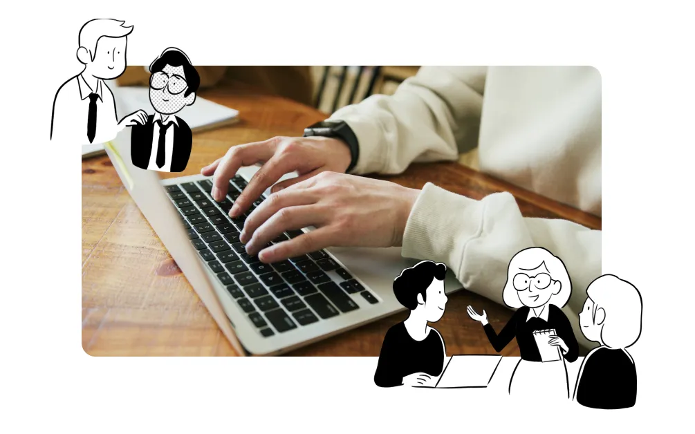 Des mains qui écrivent sur un ordinateur et en dessin par dessus nous voyons des personnages parler entre eux, ils mettent en situation ce qu'ils ont appris dans la plateforme elearning