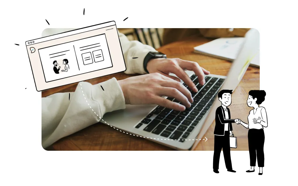 Mains tapant sur un clavier d'ordinateur avec des dessins un module sur le lms didask qui apprend à deux personnes à mieux communiquer