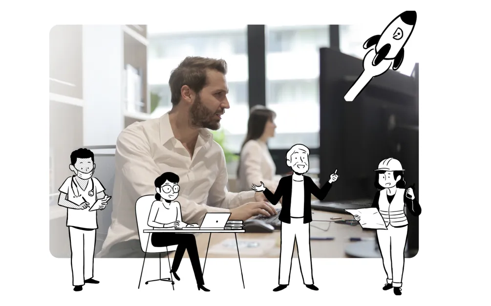 homme devant son ordinateur avec des dessin par dessus montrant des experts en action sur leurs terrains (femme sur un chantier, homme enseignant, femme devant un ordinateur,...) grâce à leurs formations sur le lms didask