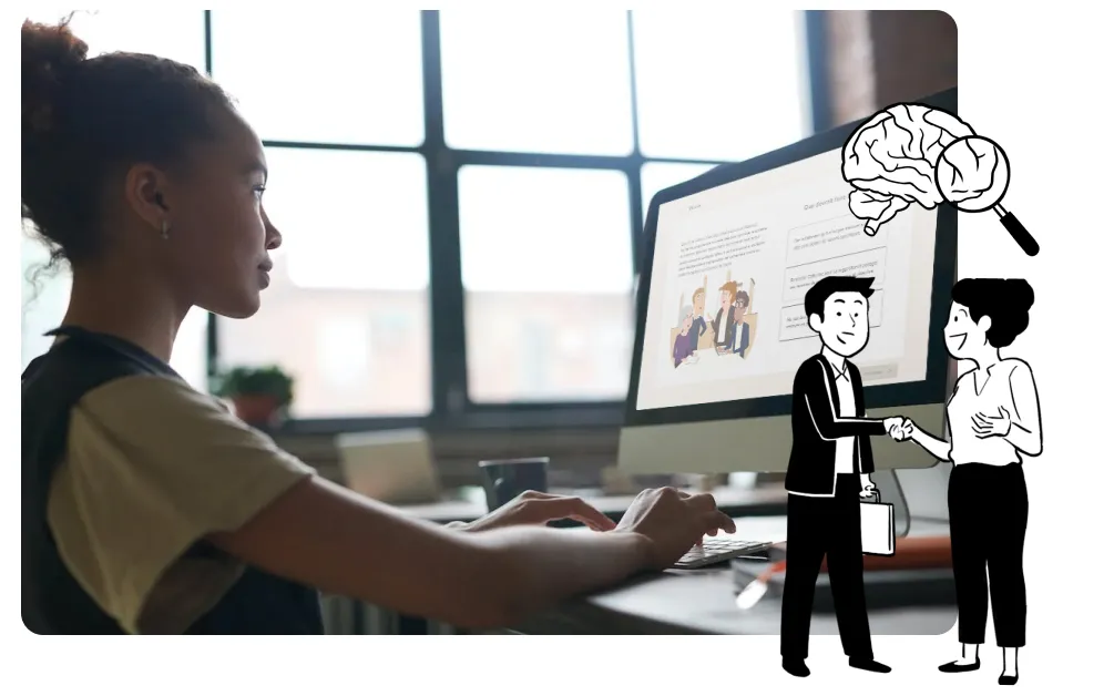 Jeune fille devant sa formation elearning avec un dessin au dessus de deux personnes se parlant avec un cerveau et un loupe au dessus. La plateforme utilise les bonnes modalités pédagogiques pour développer une capacité d'analyse