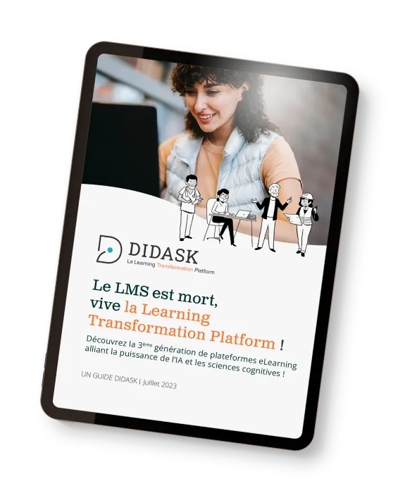 Ipad avec la couverture du livre blanc 'Le LMS est mort, vive la learning Transformation Platform !' et une photo d'une femme sur un ordinateur avec des dessins d'experts agissants sur leurs terrains