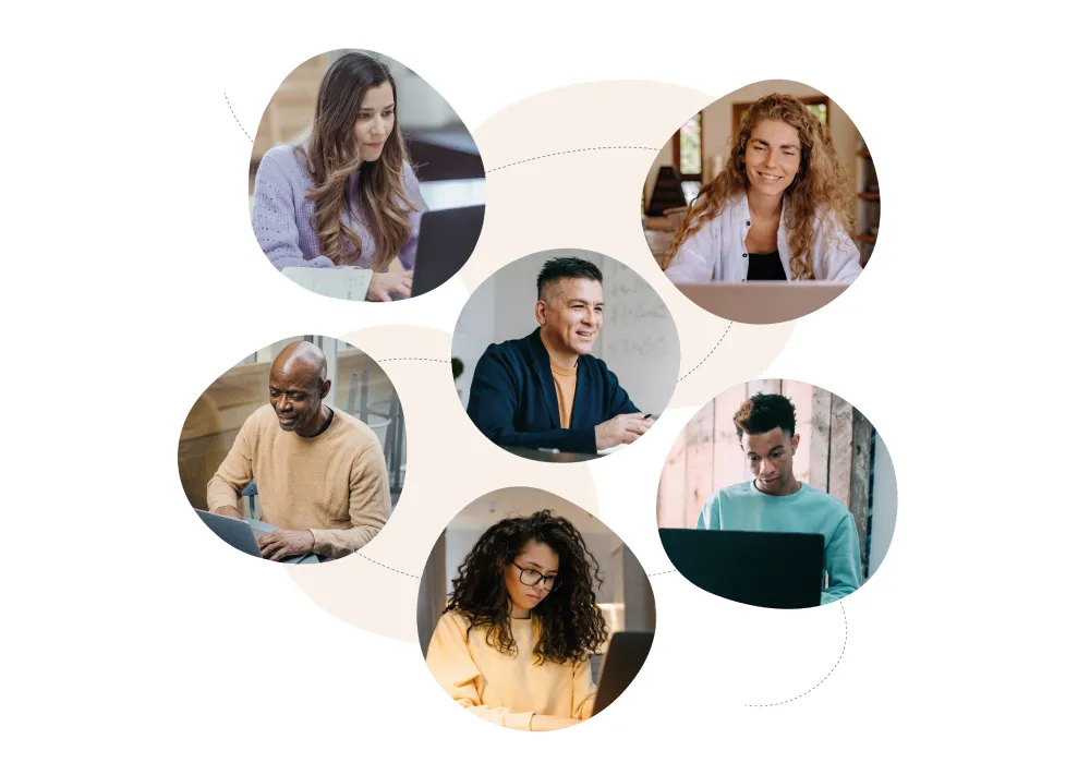 Photos dans des bulles de différentes personnes travaillant sur des ordinateurs reliés par des petits traits dessinés : ce sont les clients Didask