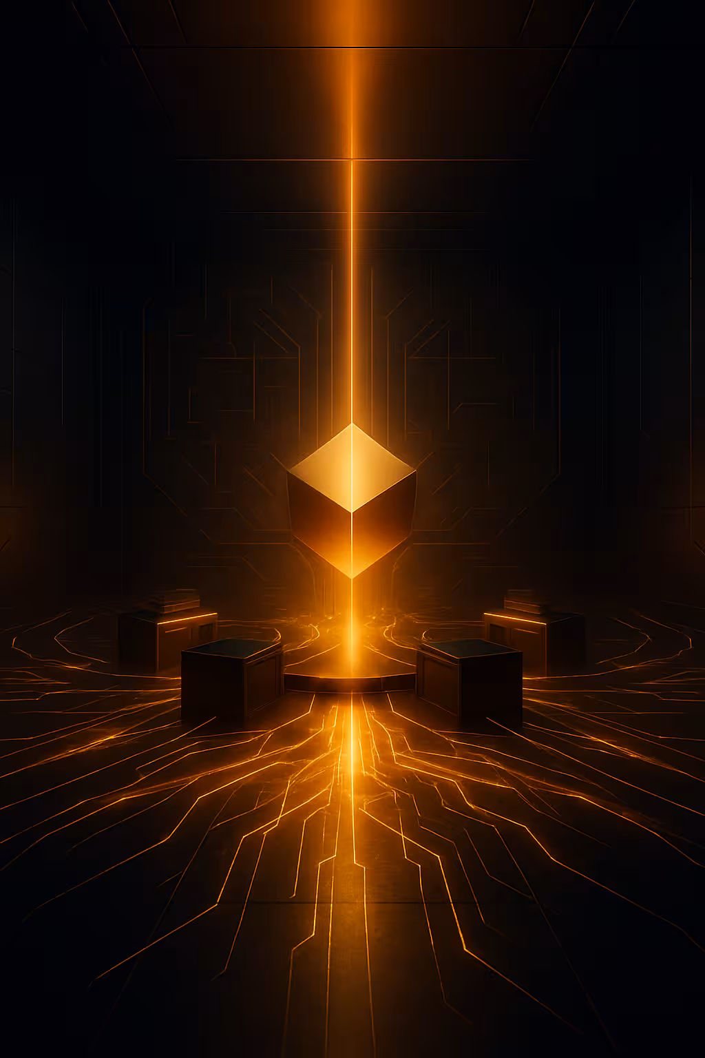 Glowing orange cube floating above a circular platform with illuminated circuit-like patterns on a dark floor.