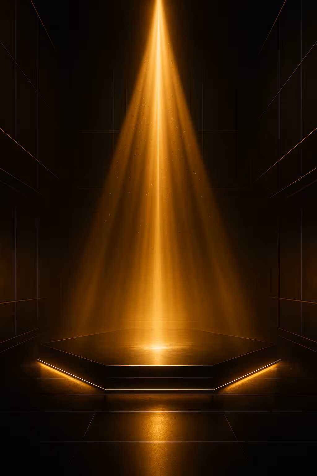 Golden spotlight shining down on an illuminated dark hexagonal platform with reflective floor.