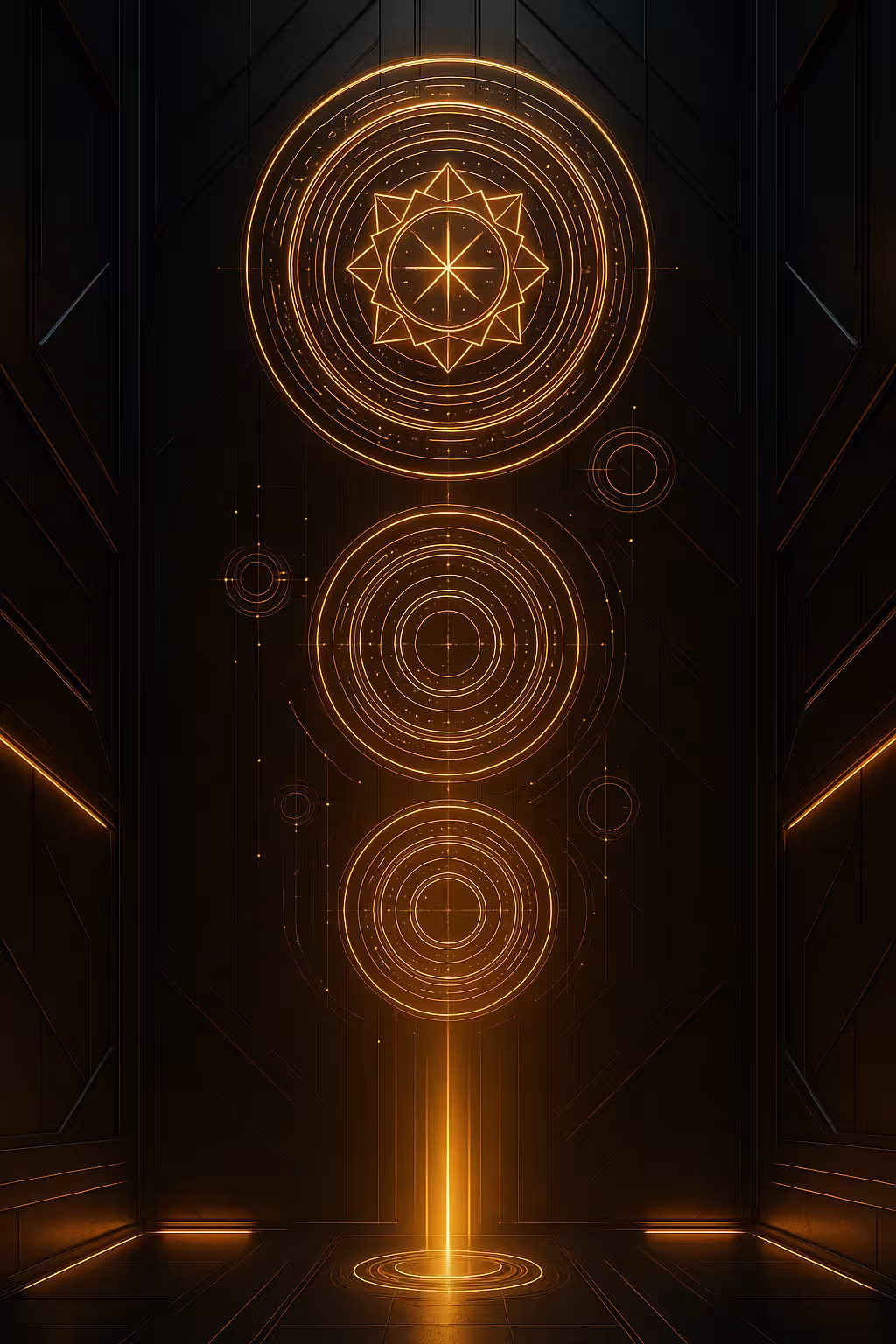 Glowing orange futuristic circular patterns and beams of light against a dark background.