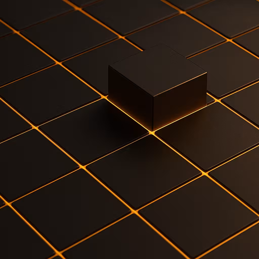 Black cube elevated above a grid of flat black squares with glowing orange lines between them.