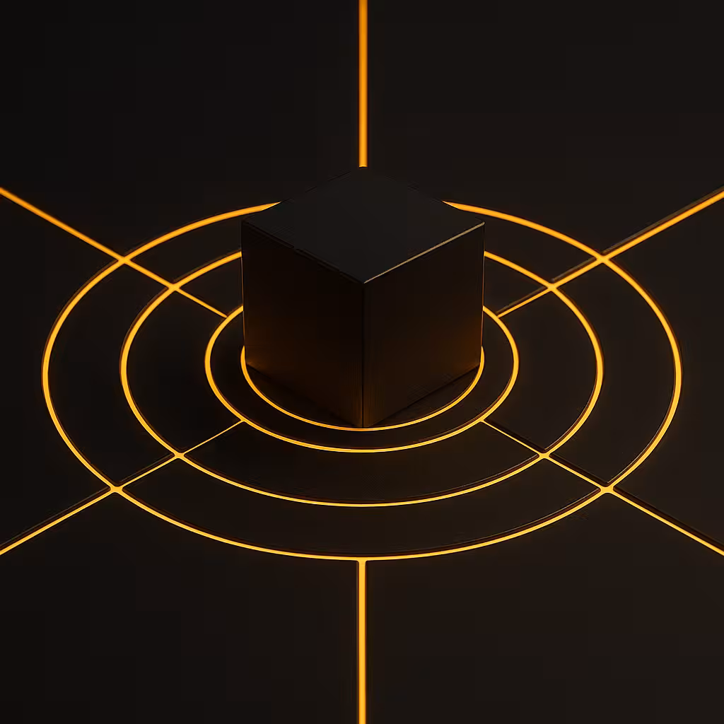 Black cube positioned at the center of concentric glowing orange circles on a dark background.