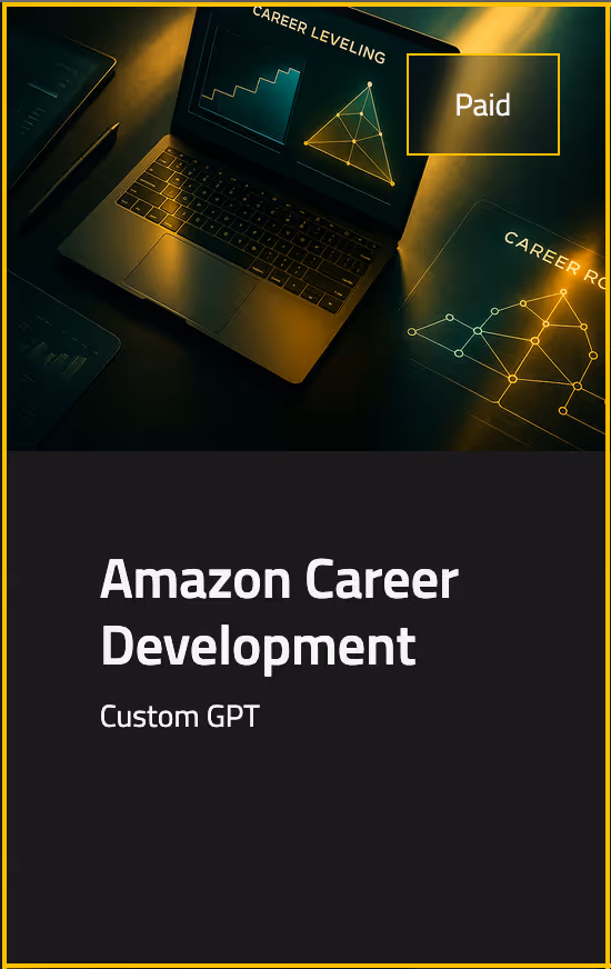 Laptop on desk displaying charts with titles 'Career Leveling' and 'Career Roadmap' labeled Paid, below text reads Amazon Career Development Custom GPT.