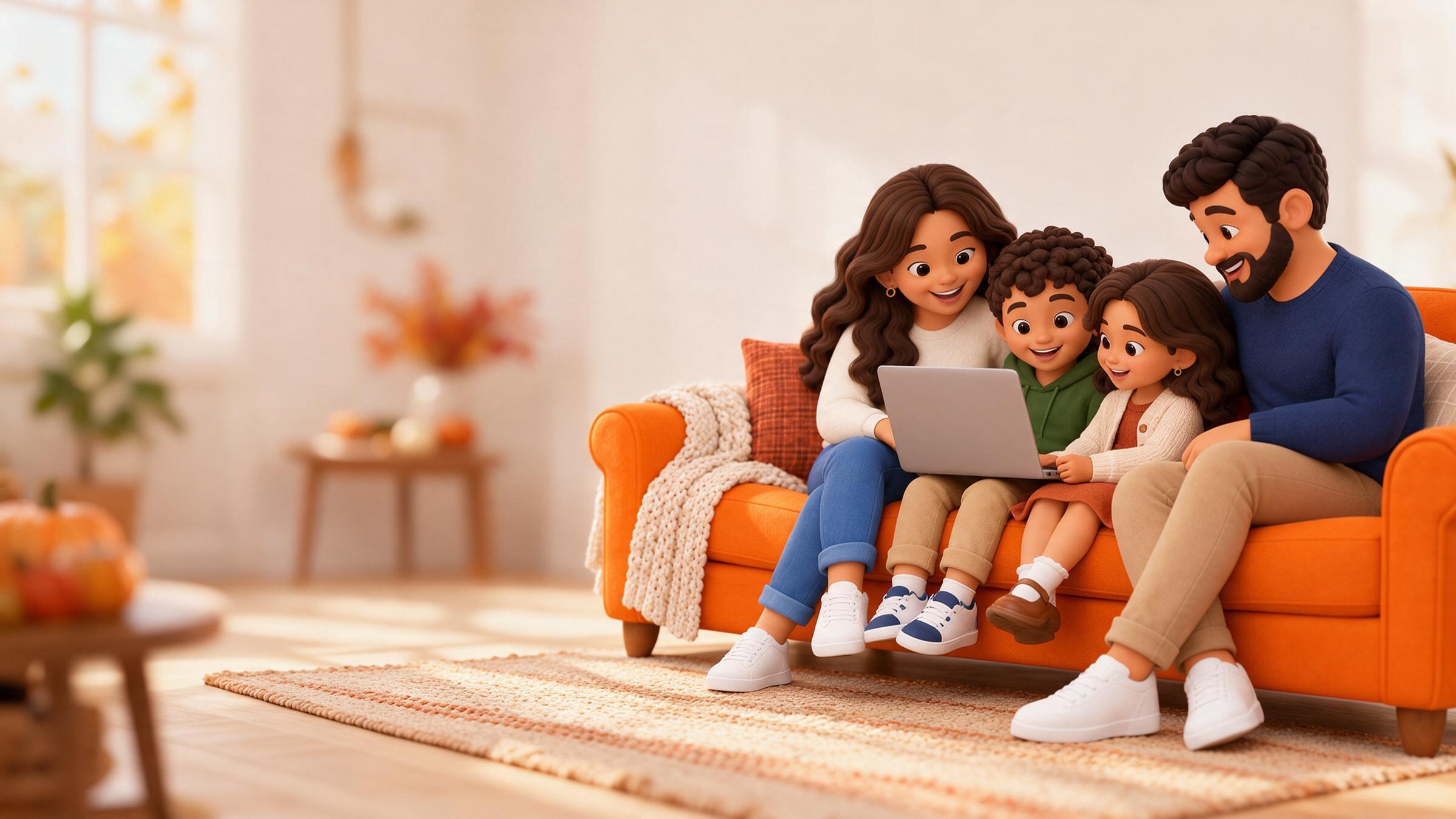 Two parents and two children together on Third Space’s orange sofa in a home decorated for Thanksgiving.