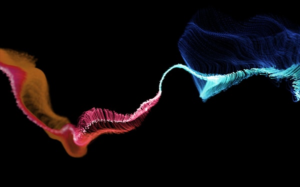Still frame from a motion work I've done for SINEbundles.
The artwork is a 3D particle system, that's built by a flow of strings, generated in waves. As two different coloured organisms dance closer to each other weightless in space, their strings start to mix - a symbolic act that represents how forces complement each other, like sound libraries bundled in SINE.

https://www.behance.net/gallery/117504931/SINEbundles
https://vimeo.com/orwhat
www.orwhat.cc