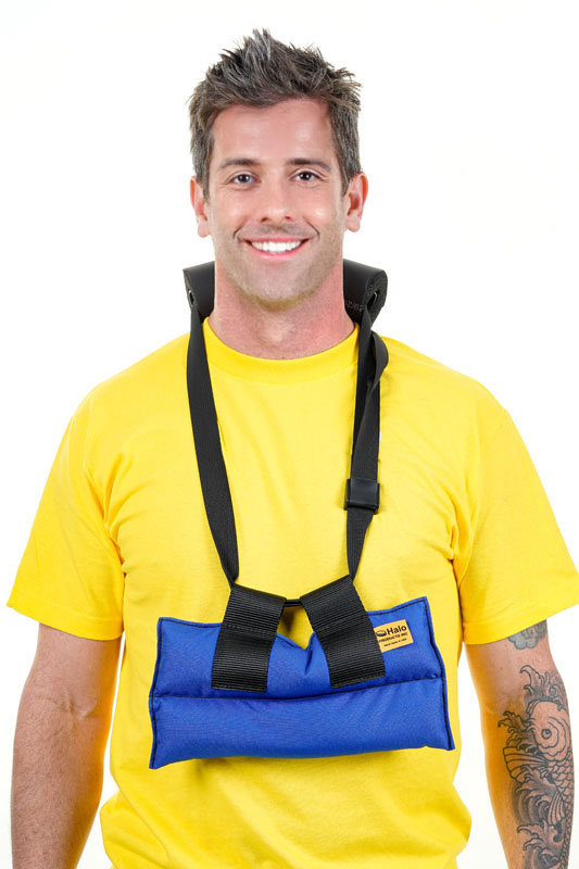 Man wearing Halo Thoracic Counter Weight System