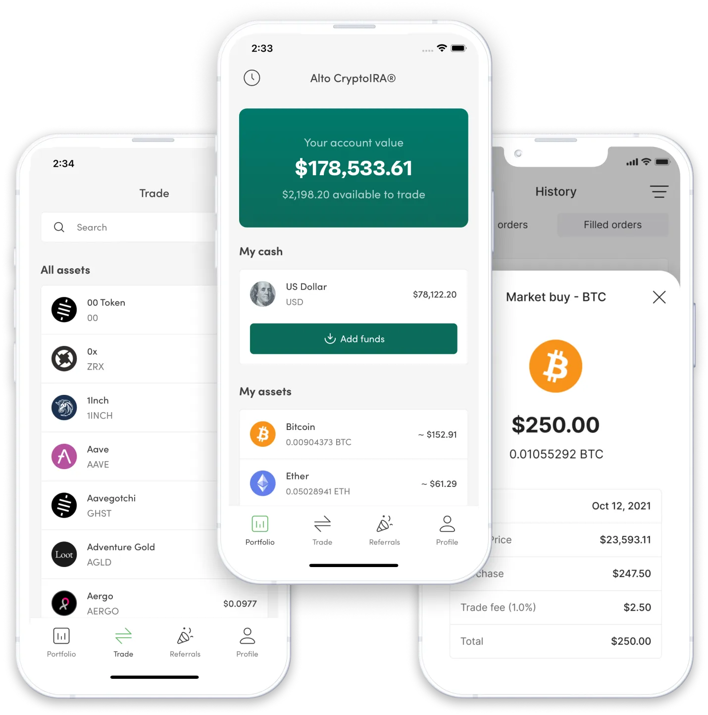 Alto CryptoIRA Mobile Screenshots with account value, bitcoin price and more