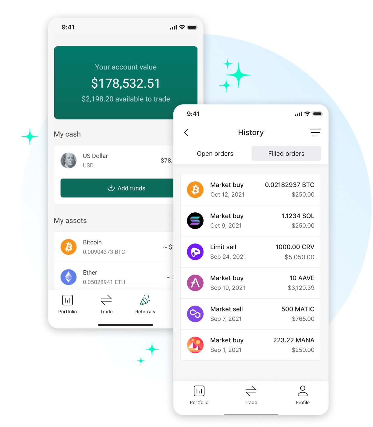 Alto Crypto app on mobile devices showing available, tradable cryptocurrencies