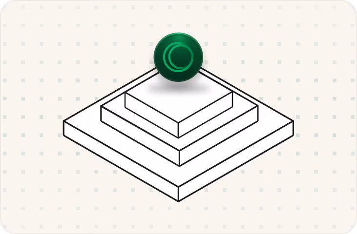 A dark green glossy sphere with a circular logo etched on its surface, hovering above a stepped isometric pyramid structure made of three white/outline layers, set against a light cream background with a subtle green dot grid pattern.