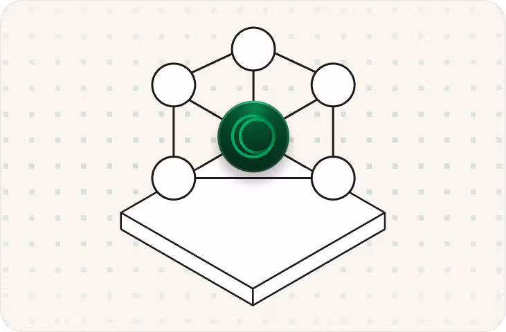 A dark green glossy sphere with a circular logo, positioned at the center of a network graph with six white outlined circles connected by lines in a hexagonal arrangement, all sitting above a flat isometric platform, set against a light cream background with a subtle green dot grid pattern.