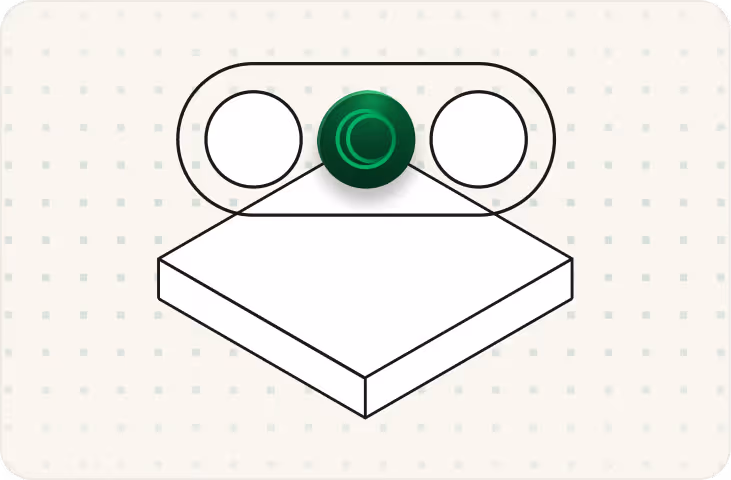 A dark green glossy sphere with a circular logo, positioned in the center of a horizontal pill-shaped container holding three circles (two white, one green), floating above a flat isometric rectangular platform, set against a light cream background with a subtle green dot grid pattern.