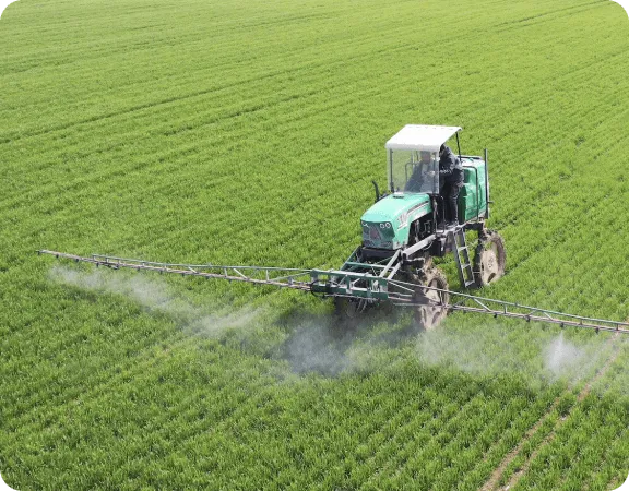 Green agricultural sprayer machine spraying crops in a large green field.