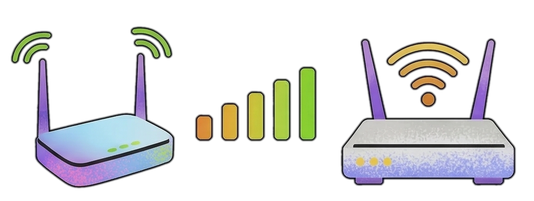 Illustration of a wireless signal strength bar increasing between two Wi-Fi routers with antennas.