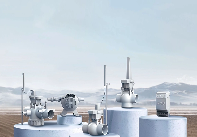 Smart farm IoT devices displayed on round pedestals in Australia farm background.
