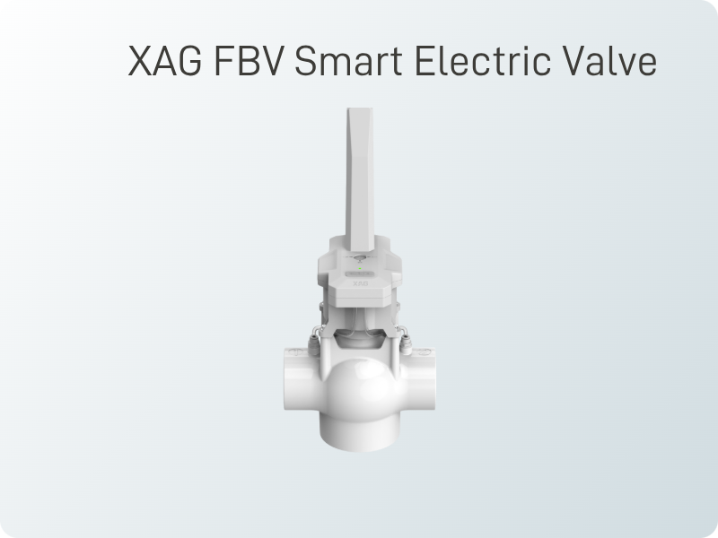 XAG FBV smart electric valve with a vertical handle on a light gradient background.