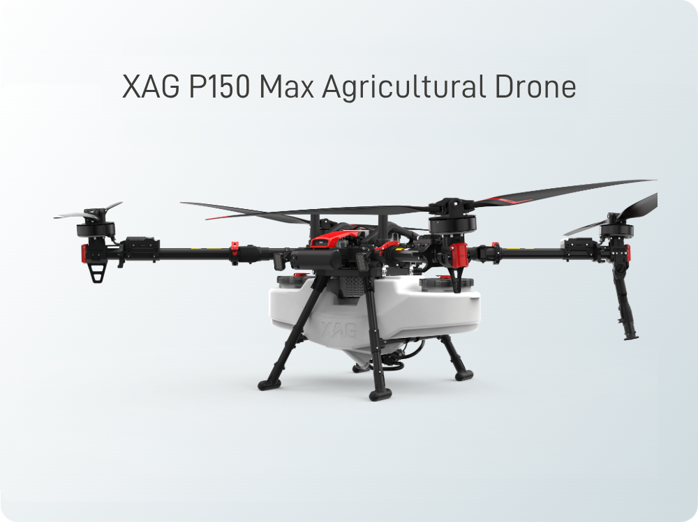XAG P150 Max agricultural drone with four propellers and a white liquid tank on a light background.