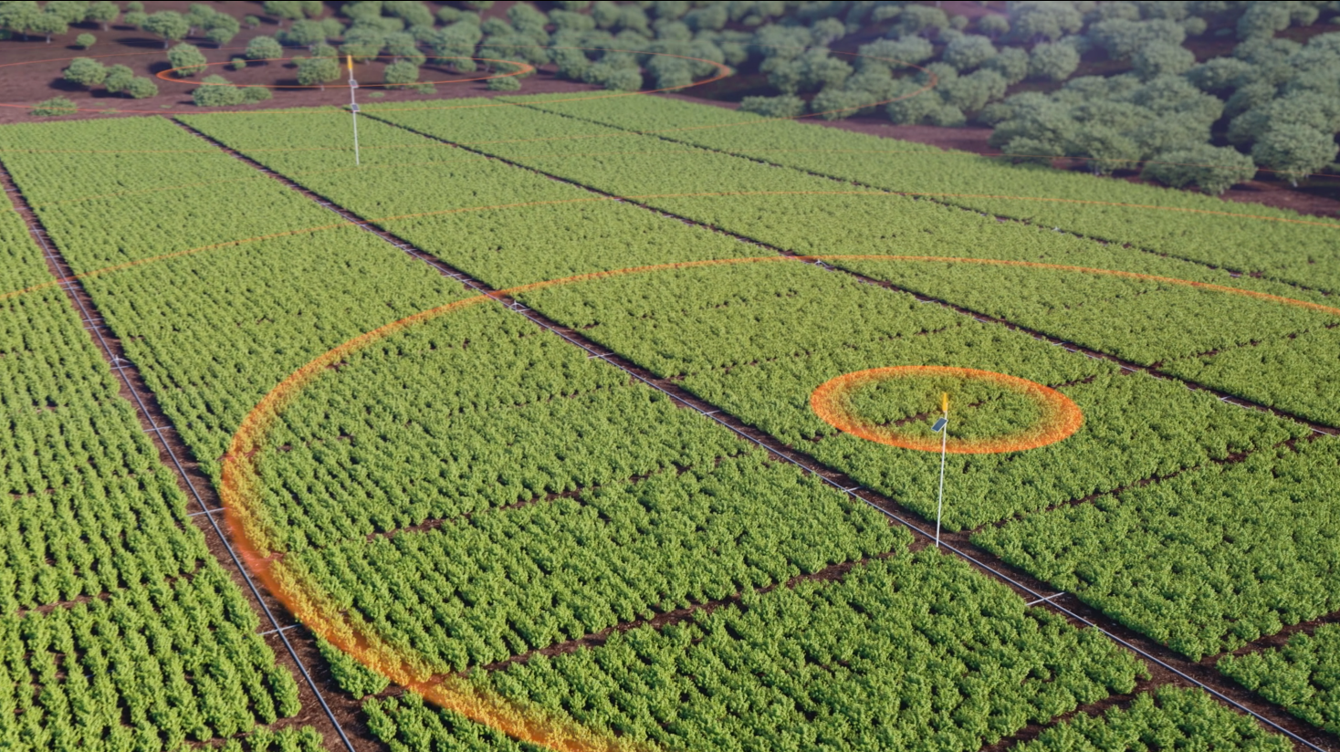 Aerial view of green crop fields with irrigation systems and orange curved lines overlay.