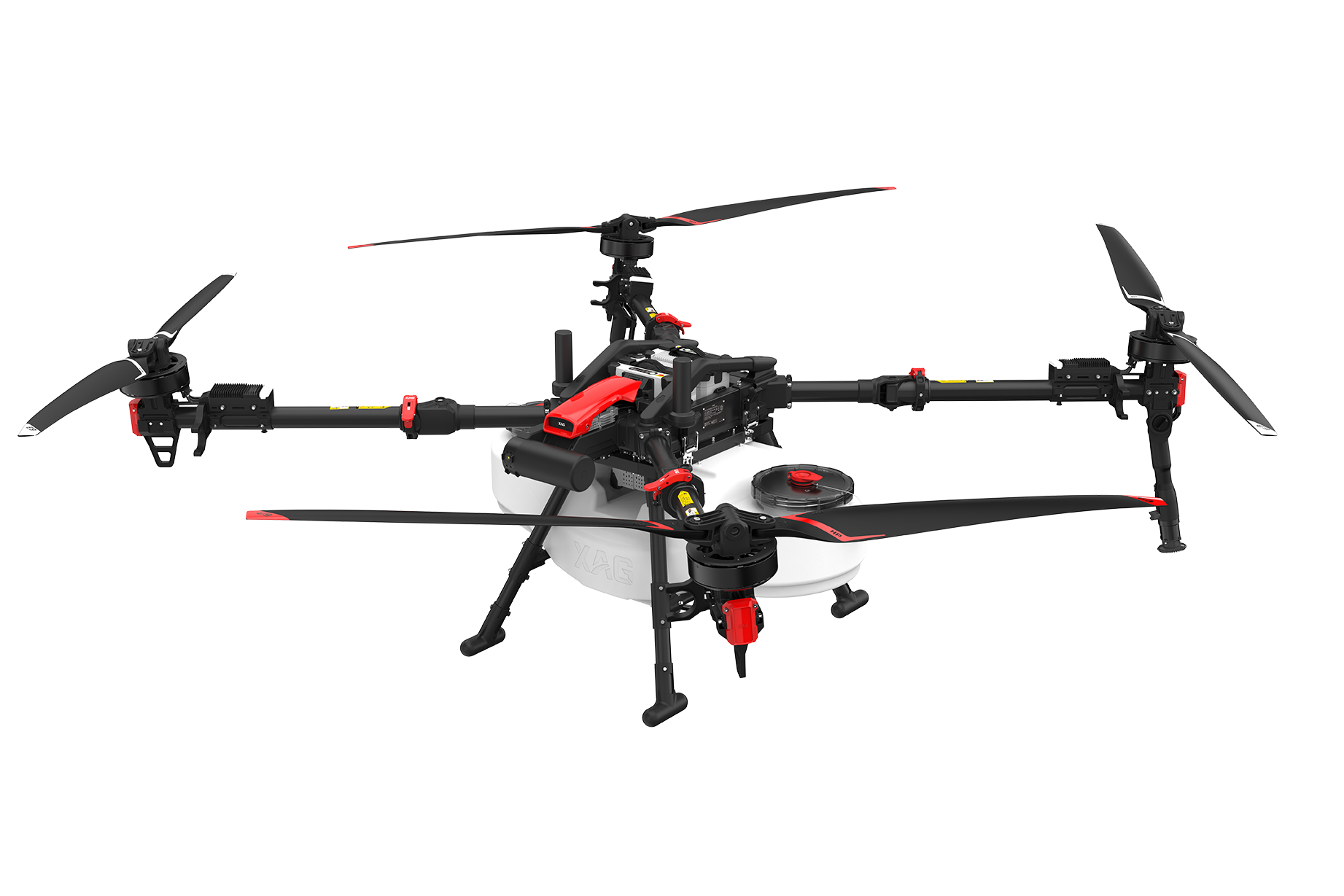 Black and red quadcopter drone with four large propellers and a white body with a tank