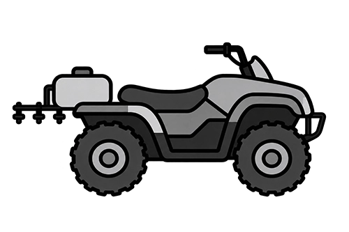 Side view illustration of a gray all-terrain vehicle with large rugged tires and a small rear cargo box