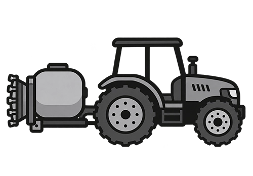 Side view cartoon tractor with large wheels pulling a tank-like attachment