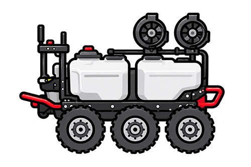 Six-wheeled industrial machine with two large white tanks and dual circular fans on top