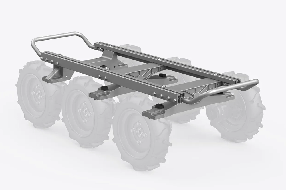 Metal frame chassis structure with handle bars over faded six-wheel base
