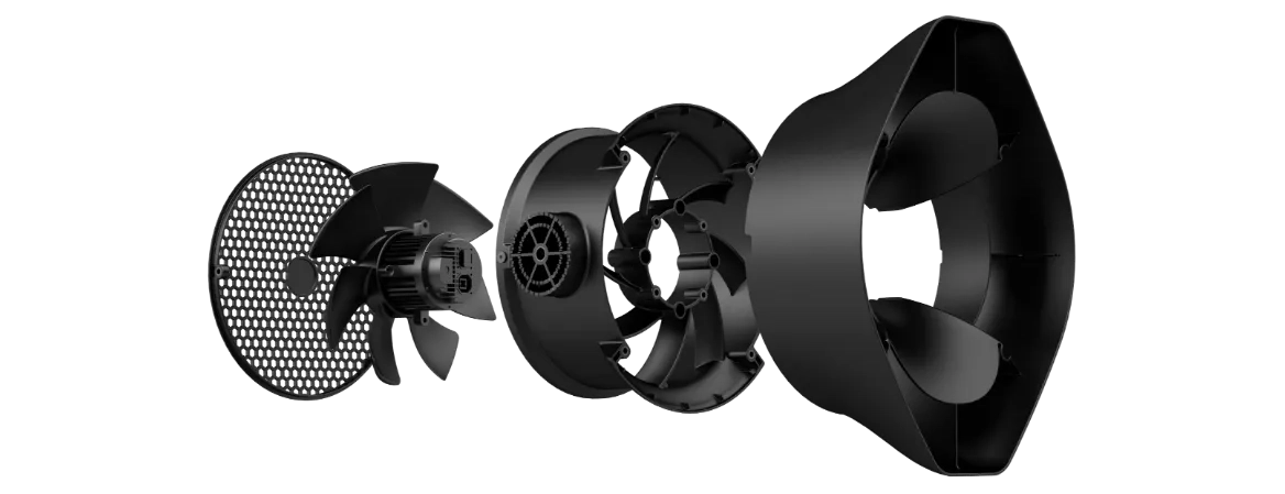 Exploded view of a black fog cannon showing its internal fan and housing parts.