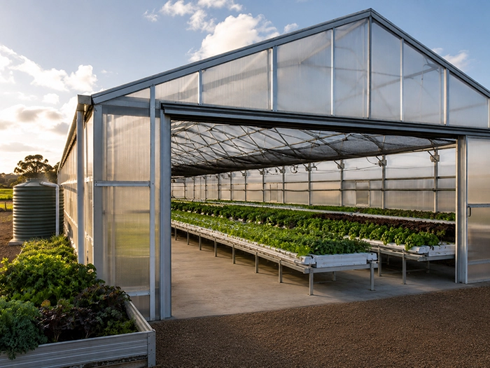 Exterior of a clear greenhouse with rows of leafy greens growing inside on raised platforms.